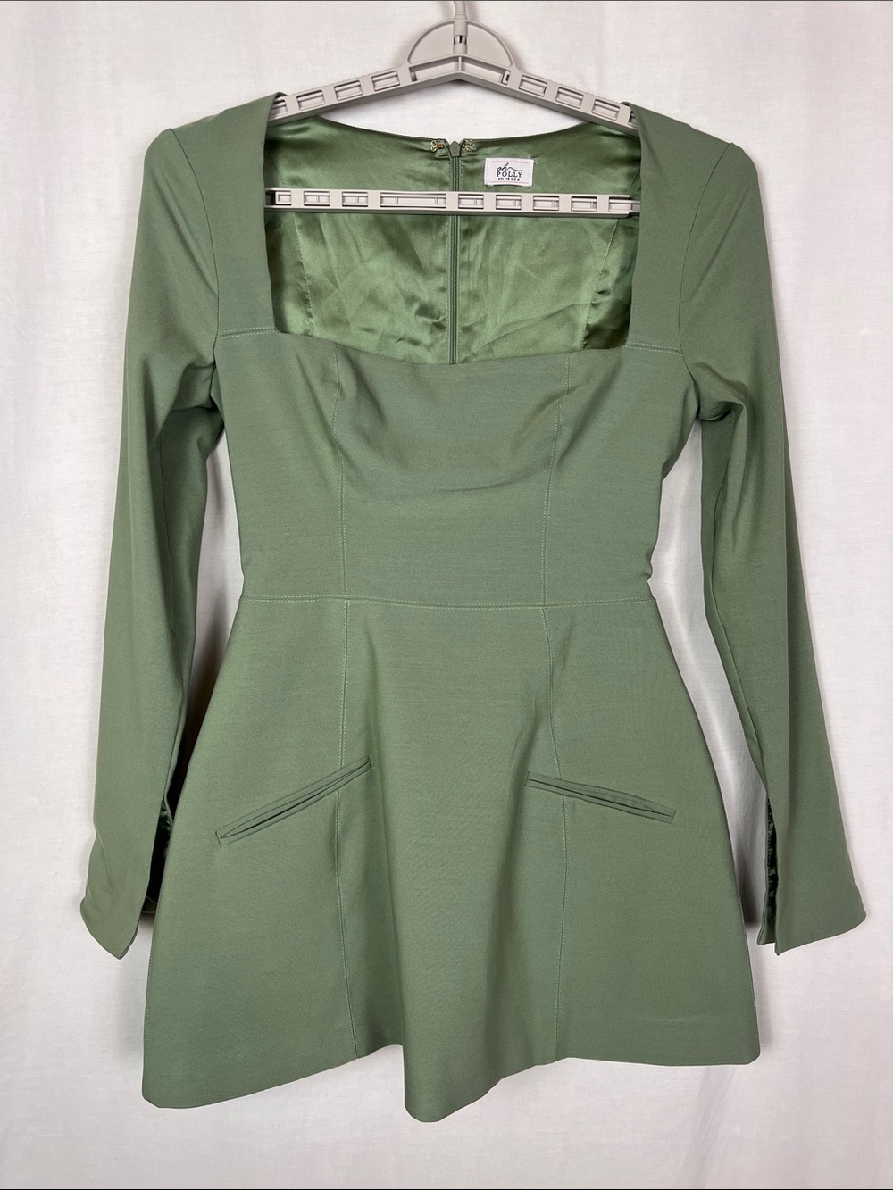 Oh Polly Pastel Green Long Sleeve Square Neckline A Line Mini Dress